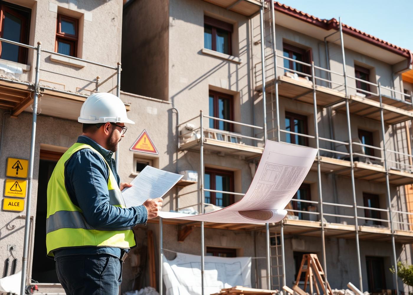Tecnico con elmetto che controlla i disegni davanti a un edificio con ponteggi