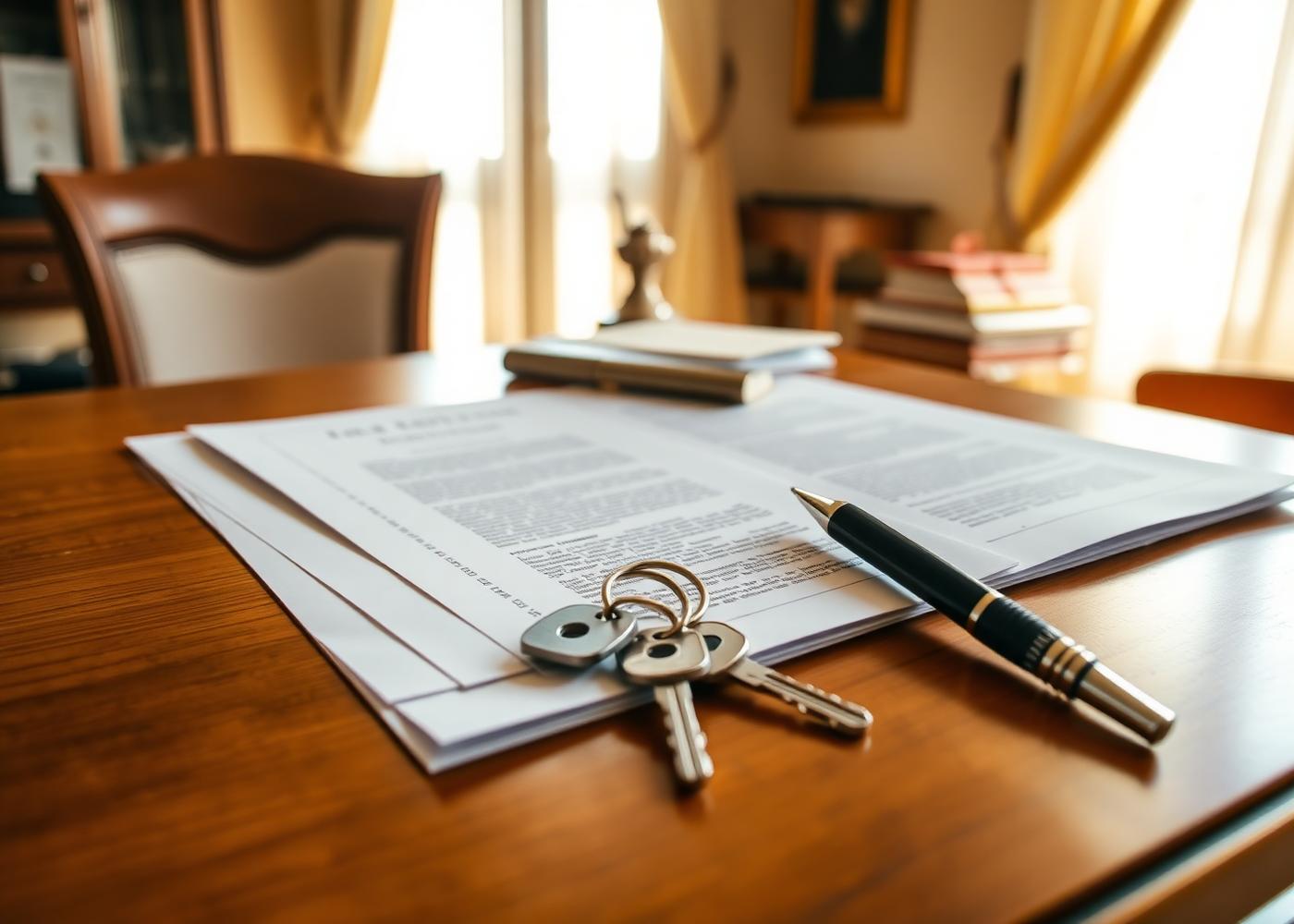 Atto di compravendita immobiliare, chiavi di casa e penna sulla scrivania del notaio